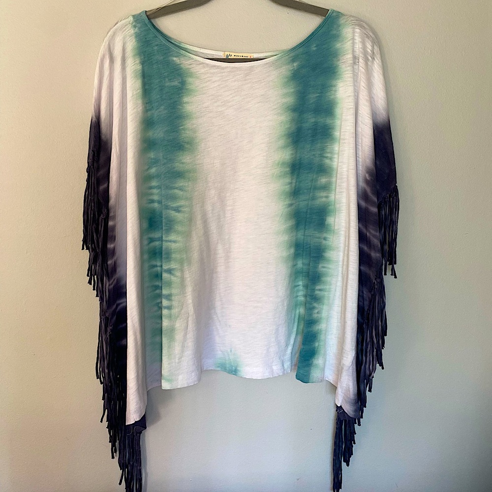 FP Movement White & Teal Tie Dye Fringe Poncho